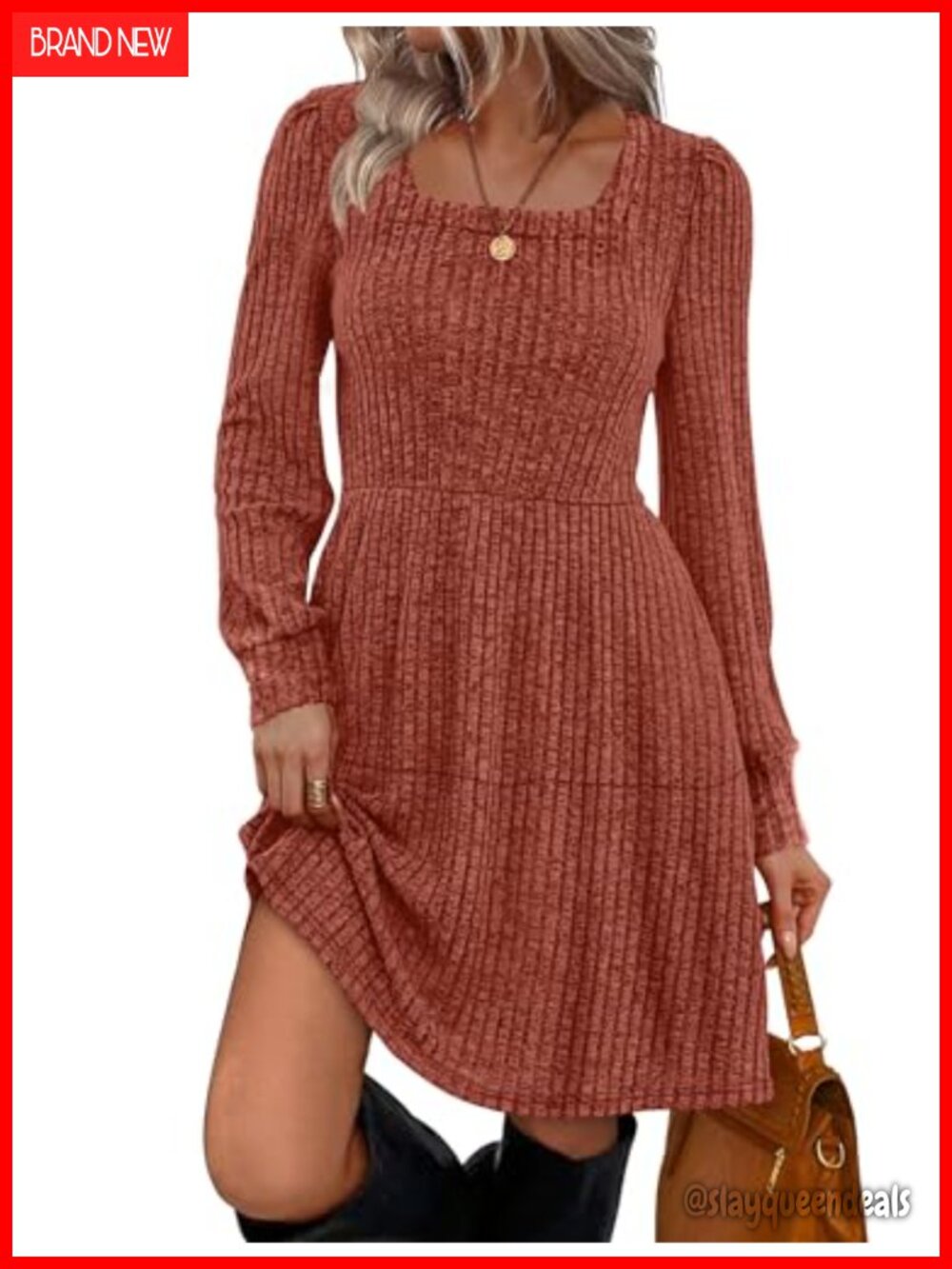 Square Neck Babydoll Sweater Dress Long Sleeve Tunic Fall Casual Flowy